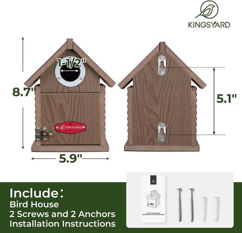 Kingsyard Recycled Plastic Bird House for Outdoors - Weatherproof Nesting Box with Clear View Panel & Predator Guard for Bluebird Wren Swallow Finch, Brown - Image 2